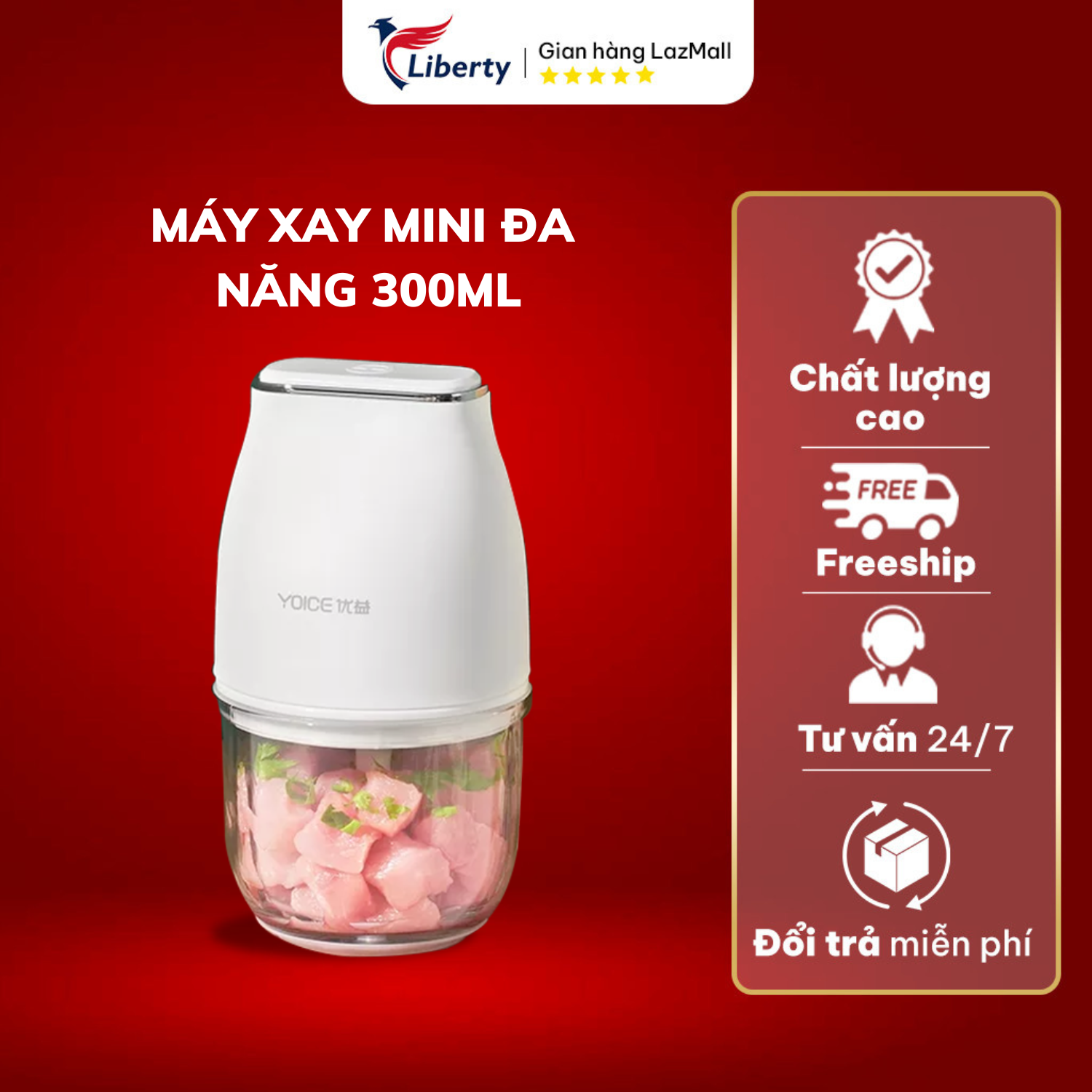 Máy xay thịt mini sử dụng cối thủy tinh kháng khuẩn dung tích 300ml, lưỡi  dao 3 lá chữ S, xay tỏi, xay ớt, xay thịt cho trẻ ăn dặm, xay đa