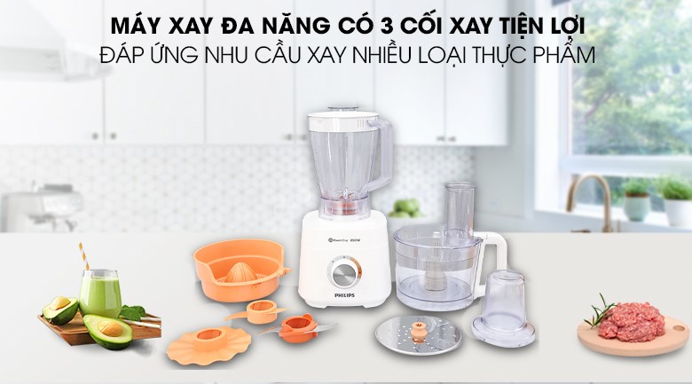 Máy xay đa năng Philips HR7520/00 sở hữu 3 cối xay tiện lợi đáp ứng nhu cầu xay đa dạng nhiều loại thực phẩm