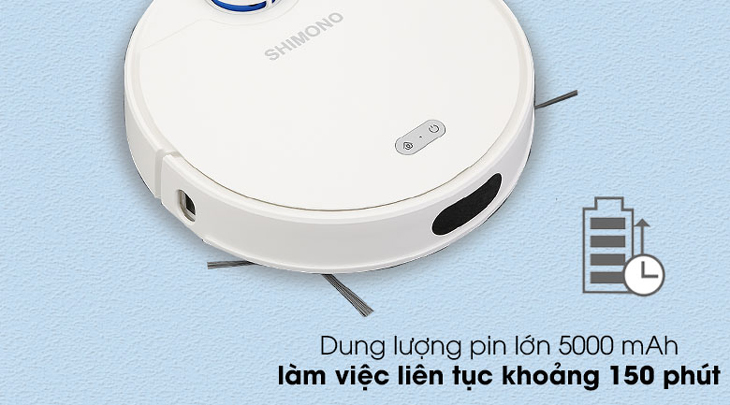 Robot hút bụi lau nhà Shimono ZK902 có dung lượng pin lên đến 5000 mAH, cho phép sử dụng lên đến 150 phút